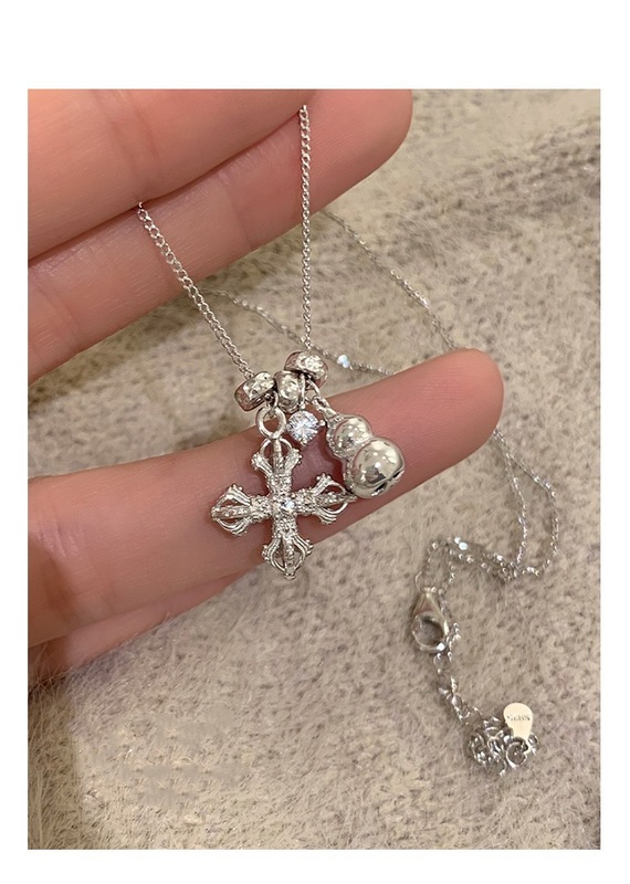 S925纯银金刚杵葫芦项链女轻奢时尚百搭点钻十字架锁骨链个性项饰|undefined