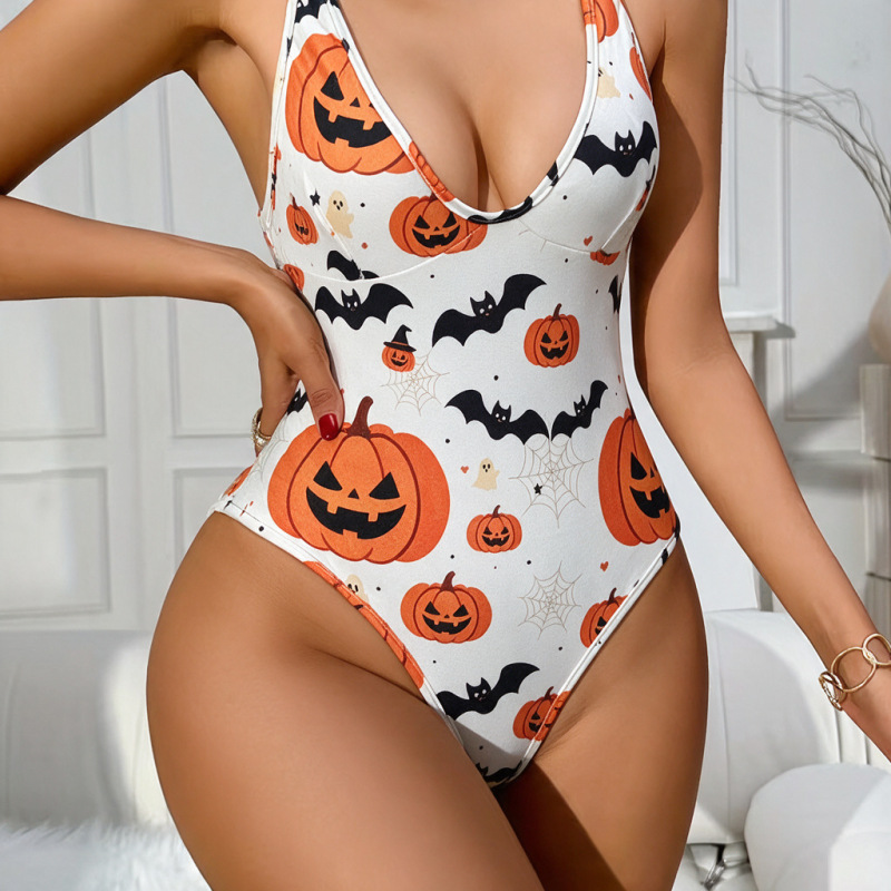 Nightfall Halloween Print Sexy Deep V Backless Cross-Back Bodysuit for Women, European and American Plus Size, Cross-Border Supply