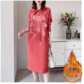 纯棉红色连帽卫衣裙女秋冬新款宽松过膝加绒亮片显瘦中长款连衣裙