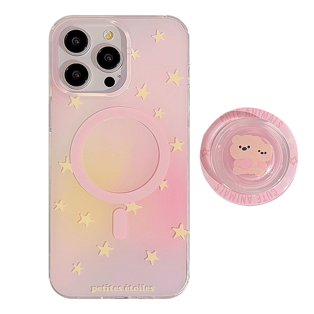 Soporte magnético IMD de doble capa 17pro max con diseño de oso estrella en degradado rosa, compatible con fundas para iPhone 14, 13 y 16, ideal para dropshipping.