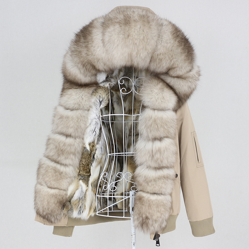 Îmbrăcăminte pentru femei, stil nou, parka cu căptușeală din blană de iepure îngroșată, detașabilă, guler din blană de vulpe reală, jachetă de blană pentru femei_voghion.com