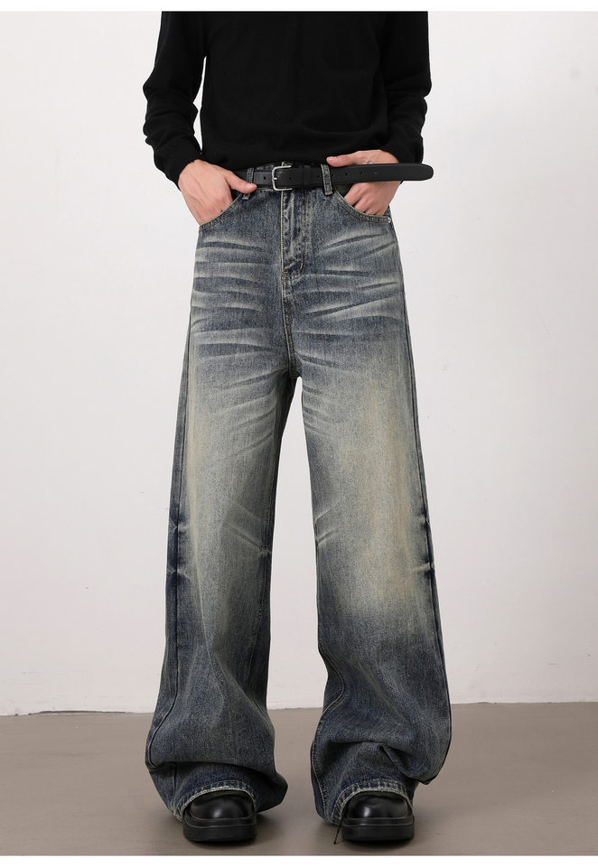 Quần jeans nam dáng chữ A ống rộng phong cách retro, râu mèo nổi, lưng vừa, dài ống suông — Màu xanh dương chi tiết 11