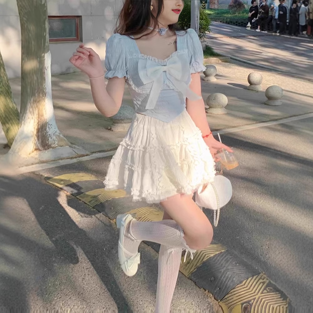 【两件套装】夏季新款蝴蝶结褶皱花边上衣+蛋糕裙高腰a字半身裙女
