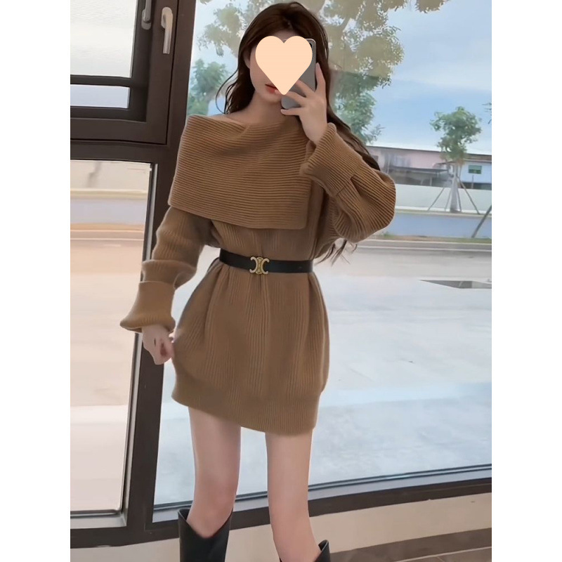 法式高级感气质名媛打底毛衣裙女秋季新款小个子露肩针织连衣裙|undefined