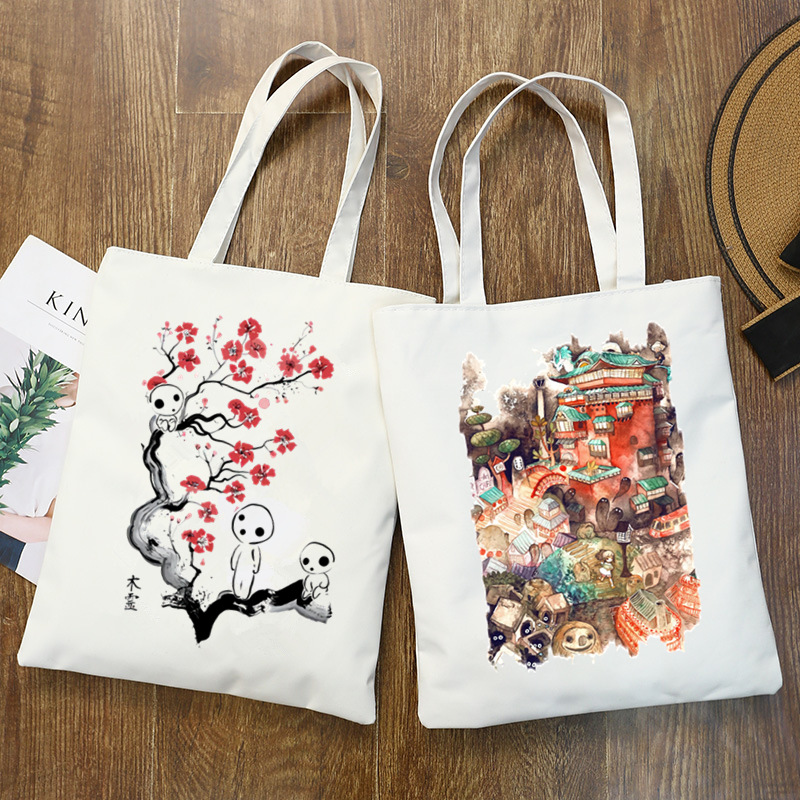 跨境外贸Spirited Away印花帆布包原宿单肩包学生手提购物袋现货