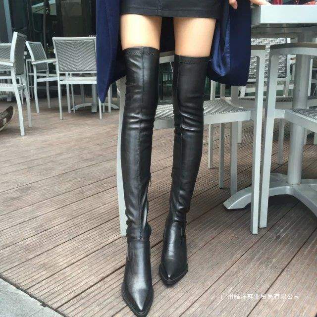 European and American Fashion Leggings, Over-The-Knee Boots, Slim Leg Elastic Boots, Pointed Toe Flats, Low Thick Heels, High Boots for Women