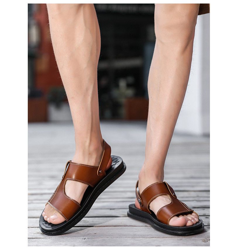 Dép sandal nam quai ngang hở ngón chất liệu da PU chống trơn, size lớn đi ngoài trời — Kaki, Màu xám, Đen toàn bộ, Đỏ rượu chi tiết 13
