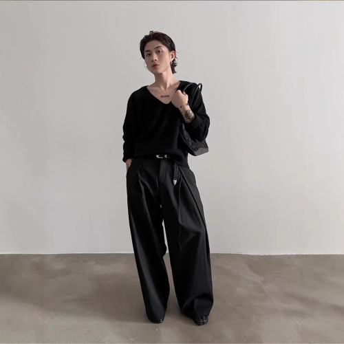 Dark Gothic Pleated Design Men's Versatile Trendy Leisure Wide Leg Pants with Drape Effect Floor-Length Long Pants