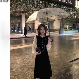 小香风连衣裙春秋赫本风2025高级感长袖丝绒韩版显瘦高档裙驰