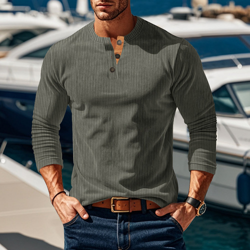 Autumn/Winter New Long-Sleeve T-Shirt Base Shirt with Four Button Corduroy Fitted Men's Henry Shirt
