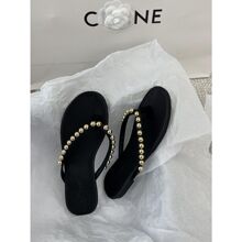 2023夏季新款时尚钢珠平底人字拖女外穿夹脚拖鞋软底防滑沙滩鞋女