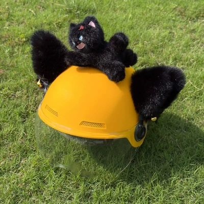 Motorcycle helmet decoration with cat ears, bow, and streamers; Meituan rider helmet accessory; fluffy little cat toy