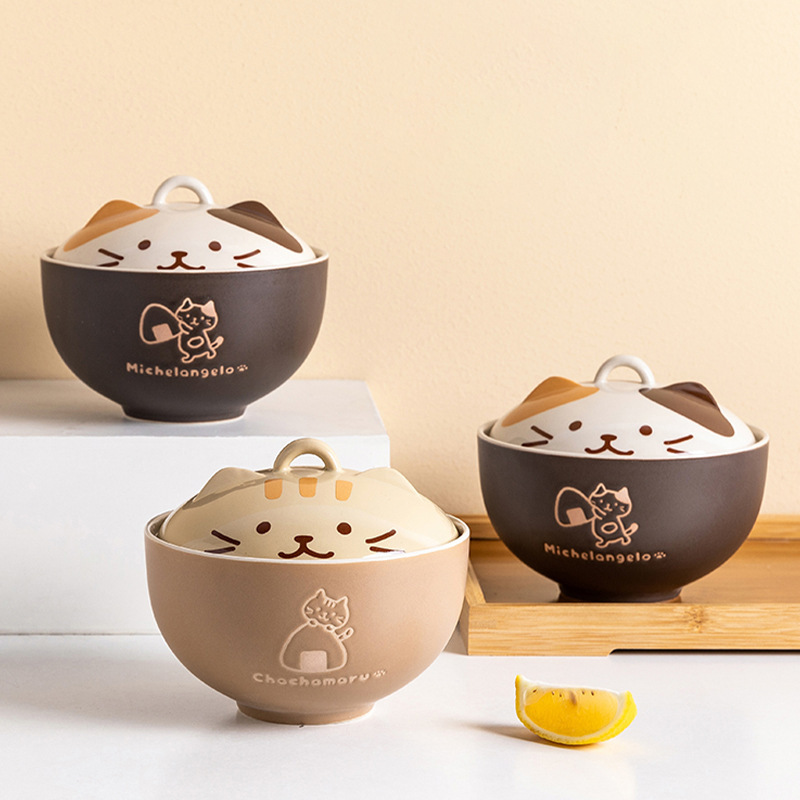 Japanese-Style Tableware Cute Cat Ceramic Bowl Large Capacity Bowl with Lid Personalized Household Soup Bowl Student Instant Noodle Bowl with Lid