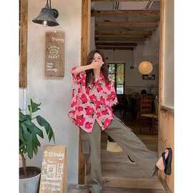 美式复古桃花印花短袖衬衫女夏季港风甜酷宽松设计感小众百搭上衣