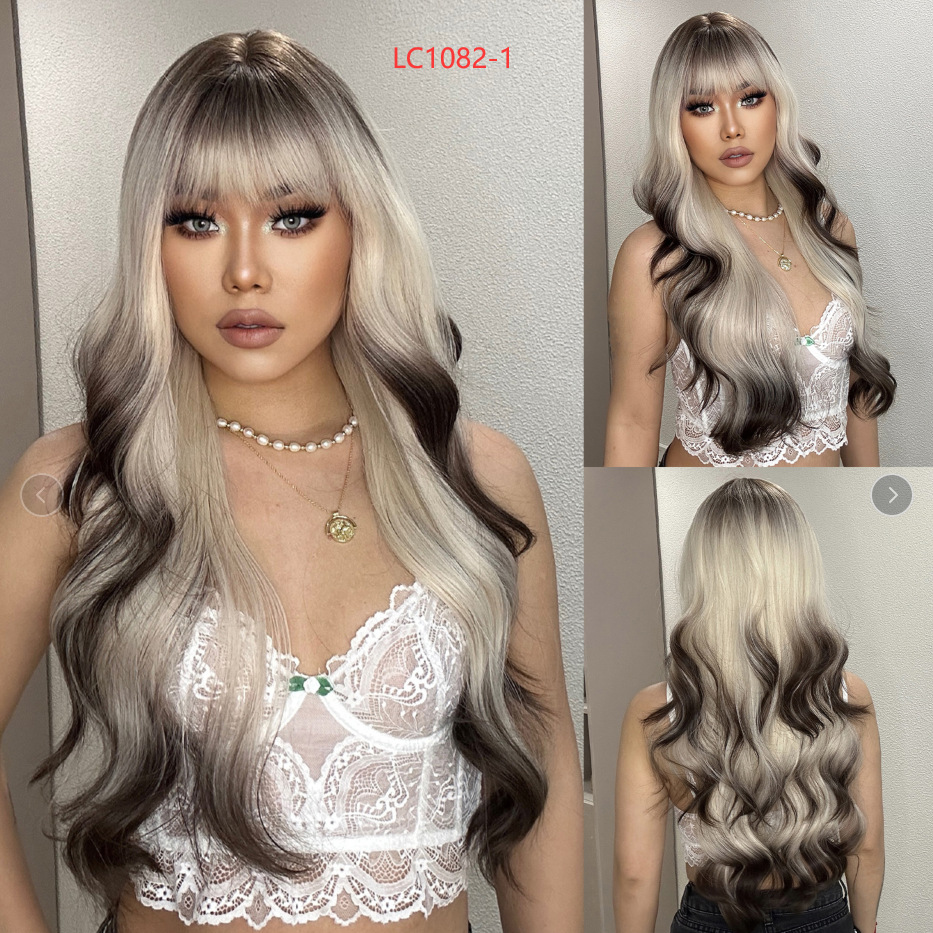 Europa y América nueva peluca femenina recta Bangs platino gradiente chocolate moda pelo Color onda grande Peluca de pelo rizado