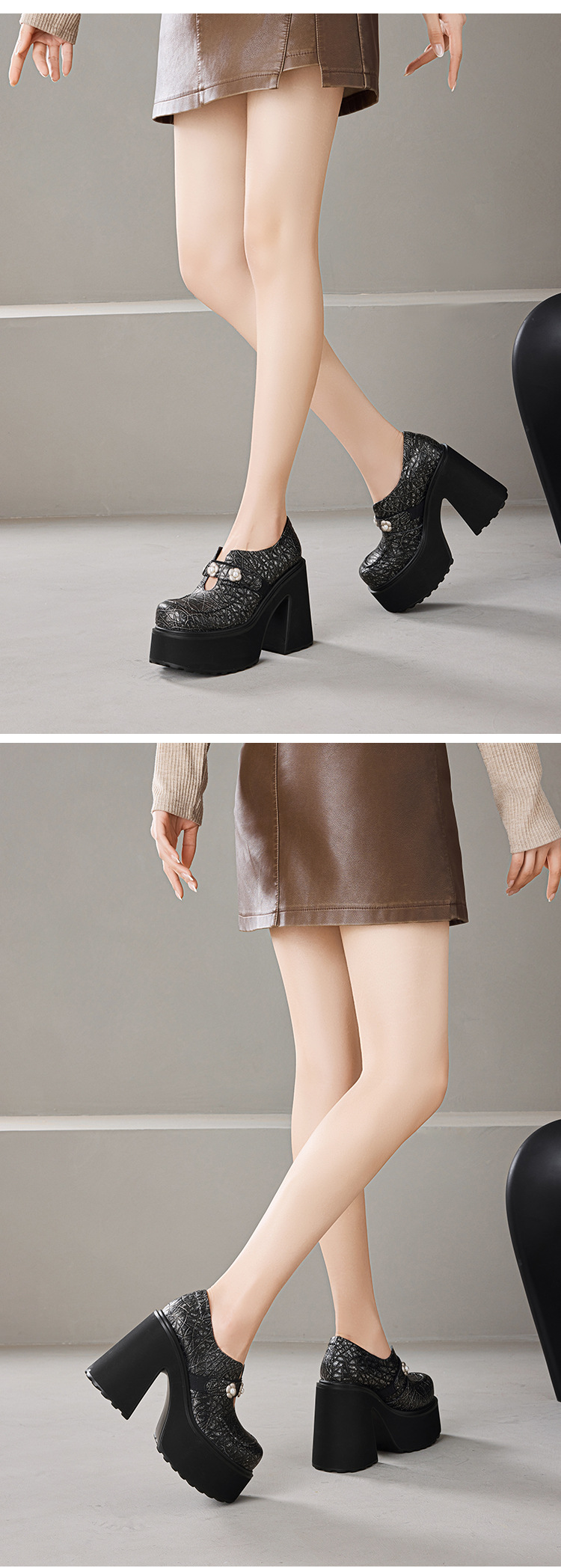 Giày loafer nữ đế xuồng da thật gót vuông 12 cm phong cách Anh quốc — màu đen chi tiết 10