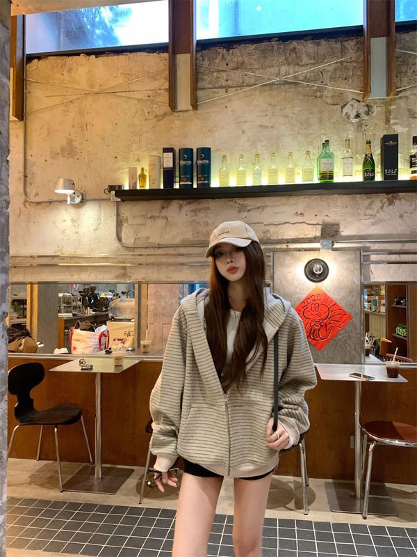 韩系慵懒风撞色条纹连帽拉链卫衣外套女秋季小众百搭宽松显瘦上衣|undefined