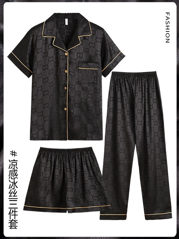 Men's Pajamas Ice Silk Summer Three-Piece Short-Sleeved Thin Black Silk Home Clothes Dad Spring and Autumn Casual Suit