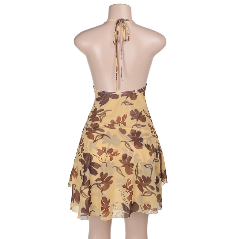 Sexy Pockets Collar Halter Backless Printed Dress Women Vacation Sexy Dress