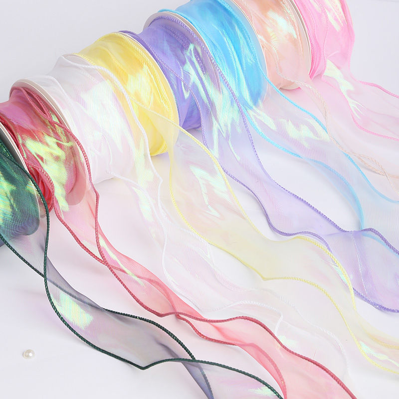 幻彩鱼尾纱丝带花束花艺包花蛋糕围边彩带diy材料头饰蝴蝶机波浪