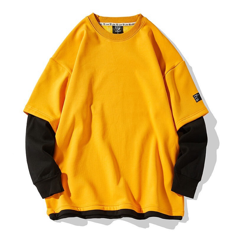 Sweater men's Japanese and Korean fashion brand fake two-piece Foreign Trade men's clothing AliExpress cross-border basic pure cotton top cross-border