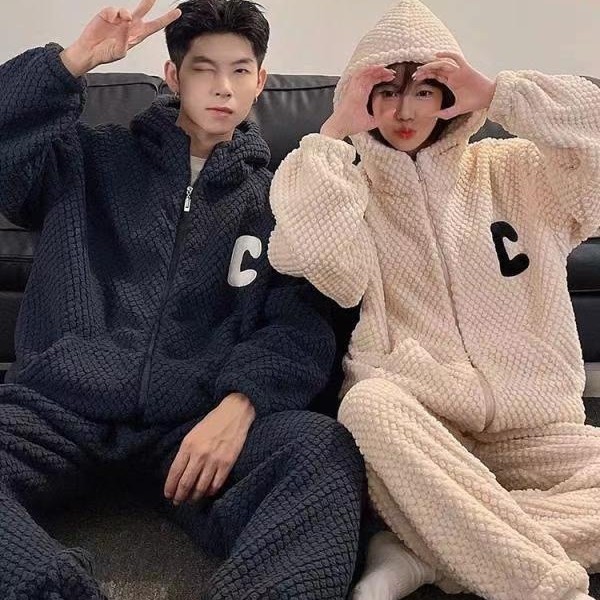 가을 겨울 커플 산호 벨벳 두꺼운 잠옷 인터넷 연예인 인기 빅 C 후드 지퍼 가디건 따뜻한 홈웨어 세트