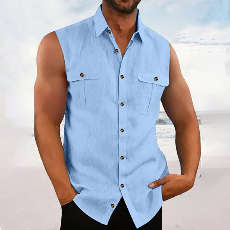 European and American Cross-Border Men's Cotton and Linen Solid Color Cotton and Linen Sleeveless Shirts 2024 Men's Fashion Simple Multi-Color Washed Cotton Shirts