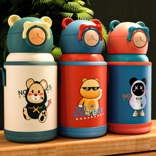 Children's Thermos Cup with Straw Stainless Steel Primary School Boy Crossbody Water Cup Kindergarten Girl Smart Water Kettle