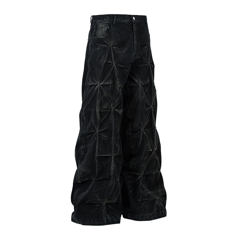 TKPA American Retro Design Trousers, Creased Washed Distressed Straight Leg Jeans, High Street Loose Floor-Length Wide Leg Pants for Men