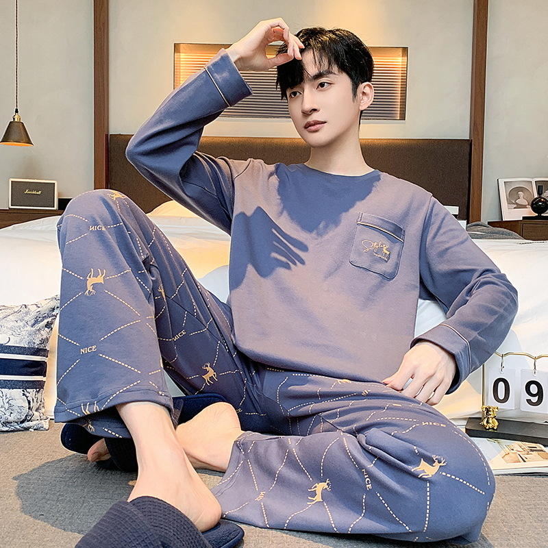 Pijamas de algodón para hombres de primavera y otoño de manga larga delgada Juventud de mediana edad casual de algodón suelto más el tamaño de desgaste para el hogar traje de hombre