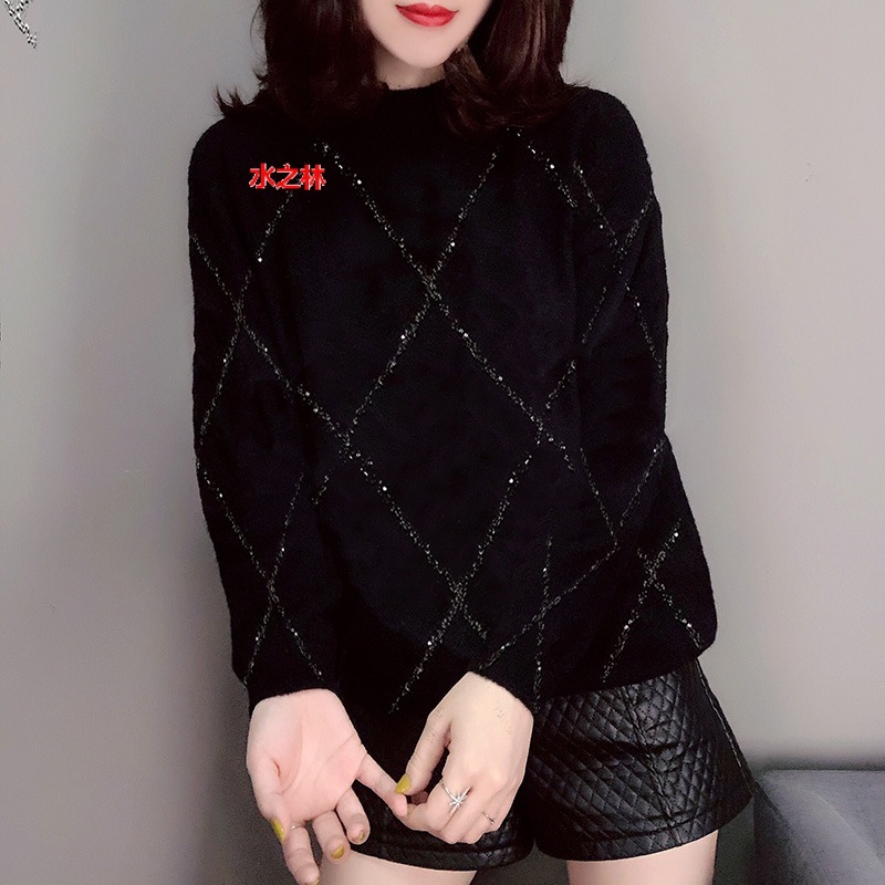 가디건 | 여성 가을, 겨울 새로운 스타일의 루즈하고 다재다능한 스웨터를 위한 반짝이는 블랙 다이아몬드 니트 스웨터 탑