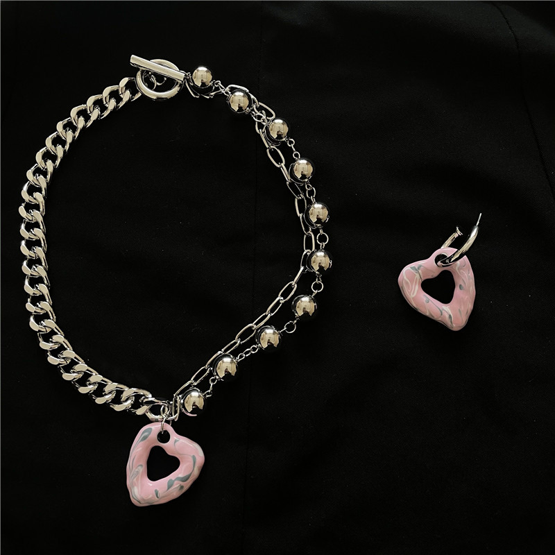European And American Internet Hot Sweater Chain Accessories Ins Cuban Chain Pink Oil Painting Sweet Cool Hot Girl Peach Heart Necklace Earrings For Women display picture 10