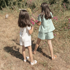 重磅高品質天絲棉短袖套裝女童夏季冰涼透氣簡約休閒燈籠袖兩件套