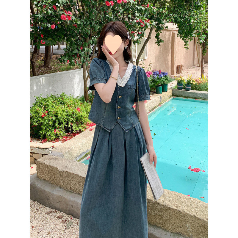 韩系穿搭牛仔套装裙女夏季2025年新款泡泡袖领上衣半身裙两件套|undefined