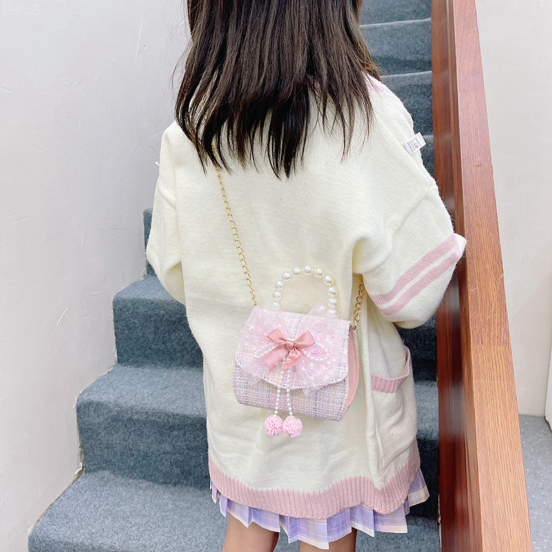 Bolsa de moda para niños 2021 otoño e invierno nuevo algodón y lino de lana estilo Chanel arco perla bolsa de mensajero portátil para niñas