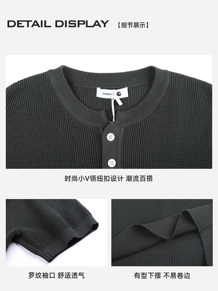 Hielo de alta gama, camiseta de cuello Henry de punto de manga corta, camiseta de lujo ligera, camiseta casual de alta calidad, chaqueta para hombre.
