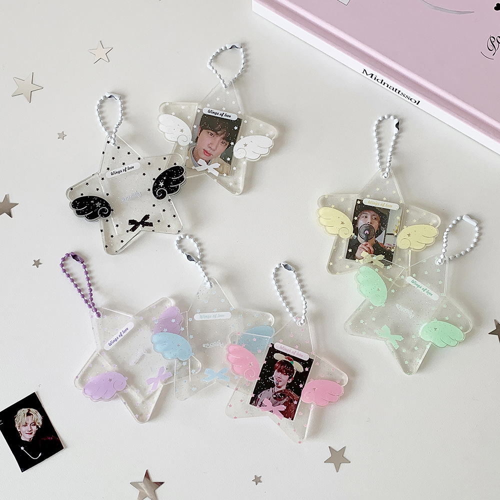 Acrylic Star 1.0inch Id Photo Card Holder Five-Pointed Star Wings Star Card Holder Keychain Pendant Bag Pendant