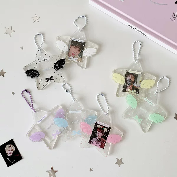 Acrylic Star 1.0inch Id Photo Card Holder Five-Pointed Star Wings Star Card Holder Keychain Pendant Bag Pendant