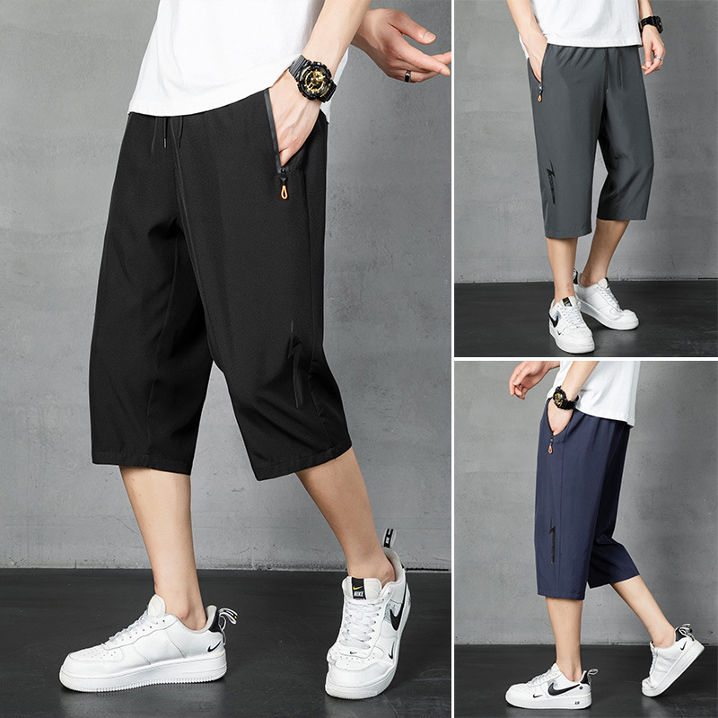 Cross-border wholesale summer new men's cropped pants simple thin quick-drying cool feeling ice silk pants high elastic rest