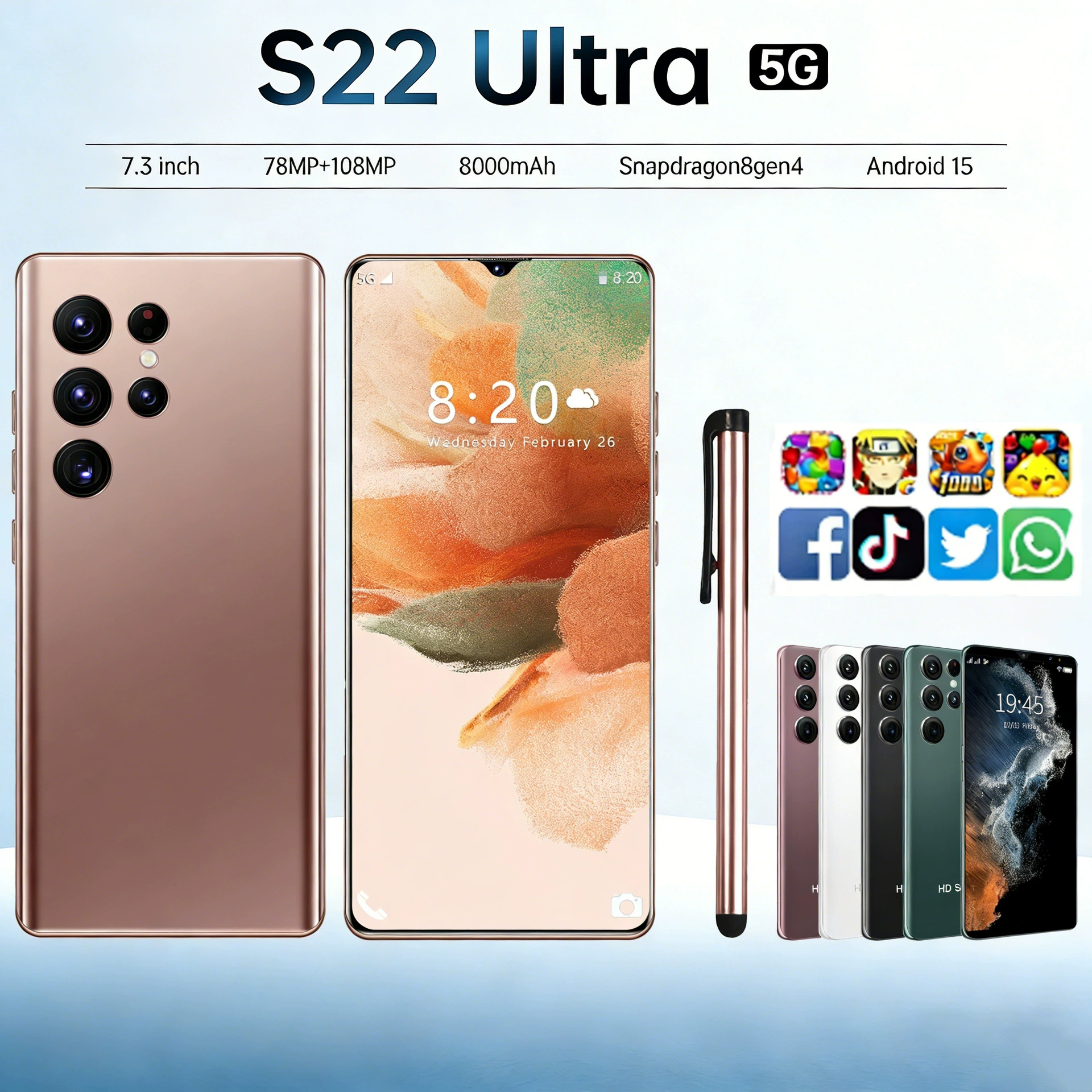 (Кросс-бордер торговля), S22, элитный смартфон, мобильный телефон, S22 ультра, 7.3 дюйма, 64 ГБ, (Физики)