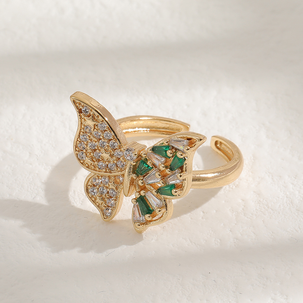 Fashion Diamond Green Zircon Summer Butterfly Open Copper Tail Ring display picture 4