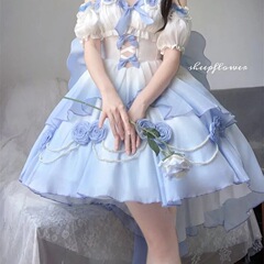 渐变粉轻花镂空前短后长lolitalo细闪洛丽塔收腰蓬蓬花朵公主裙