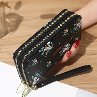 Long universal capacious small clutch bag with zipper for students, wallet, Korean style, flowered