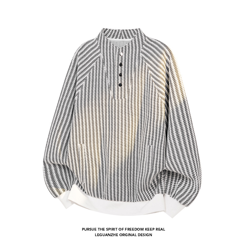Fishbone Stripe Color-blocked Chanel-style Sweatshirt For Men And Women, Autumn High-end Design, Buttoned Henley Collar_voghion.com