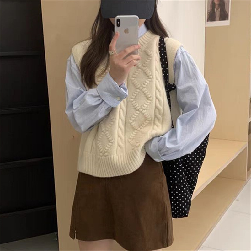 女性のためのハイエンドの麻模様のラウンドネックセーターベスト春の新しいルーズレイヤードニットベストトップアウター|undefined