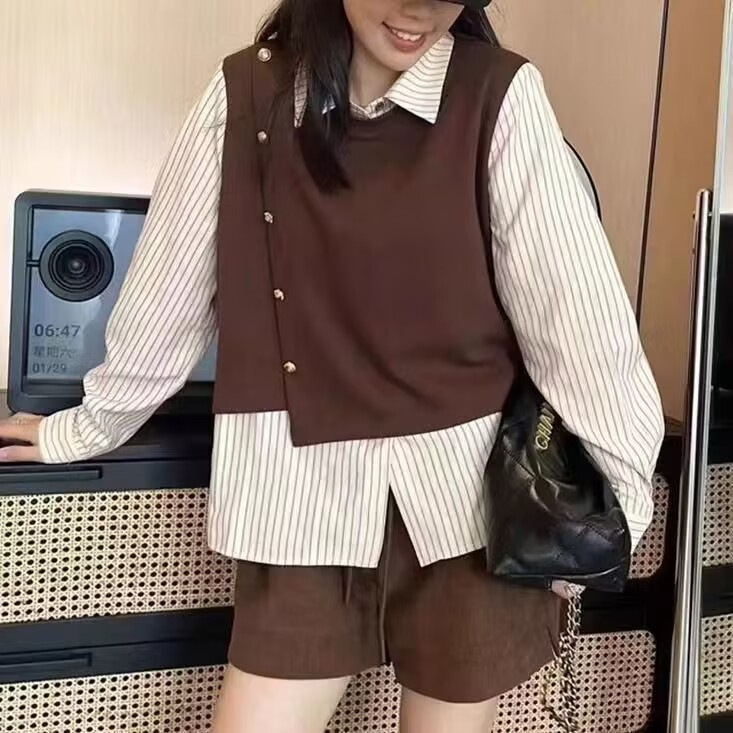 2025早秋新款大码女装条纹衬衫拼接上衣洋气显瘦假两件打底衬衣女|undefined