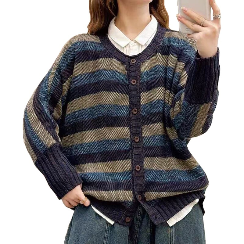 条纹毛衣女 2025秋季新款松弛感圆领单排扣棉线针织外套开衫上衣|undefined