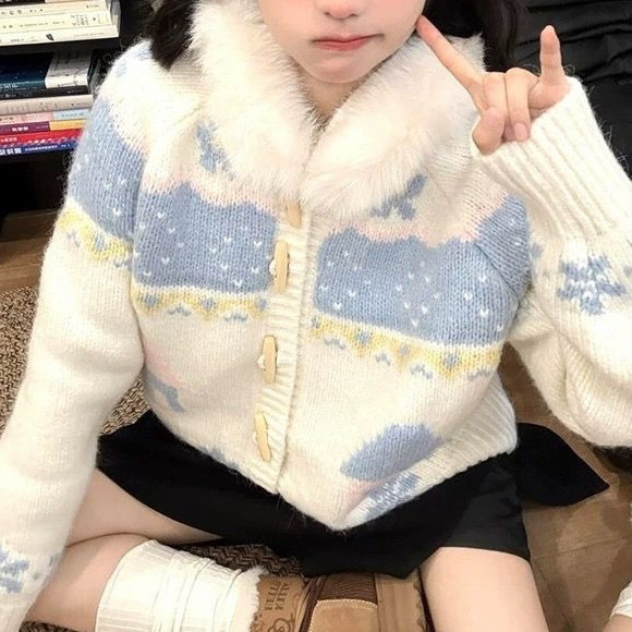 慵懒风费尔岛毛衣外套女秋冬牛角扣毛领连帽针织开衫宽松甜美上衣|undefined