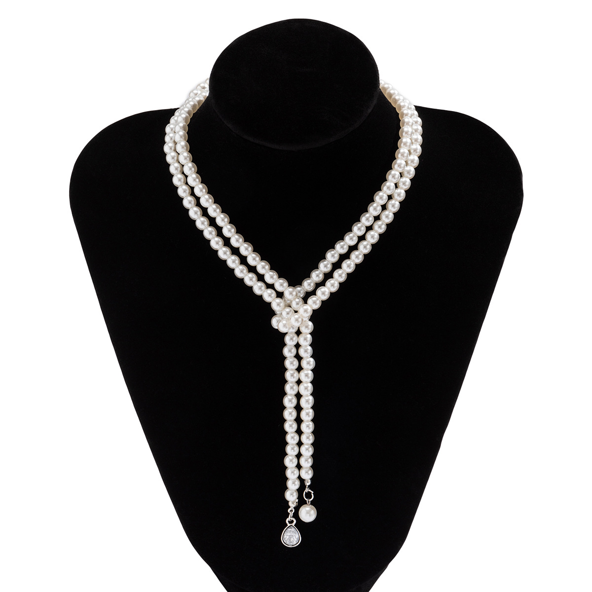 Jewelry Retro Imitation Pearl Drop Rhinestone Pendant Clavicle Beaded Woven Double Layer Necklace display picture 5