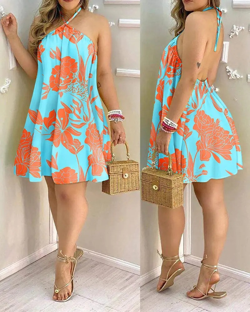 Vacation Leaves Flower Halter Neck Sleeveless Printing Polyester Knee-length A-line Skirt display picture 2